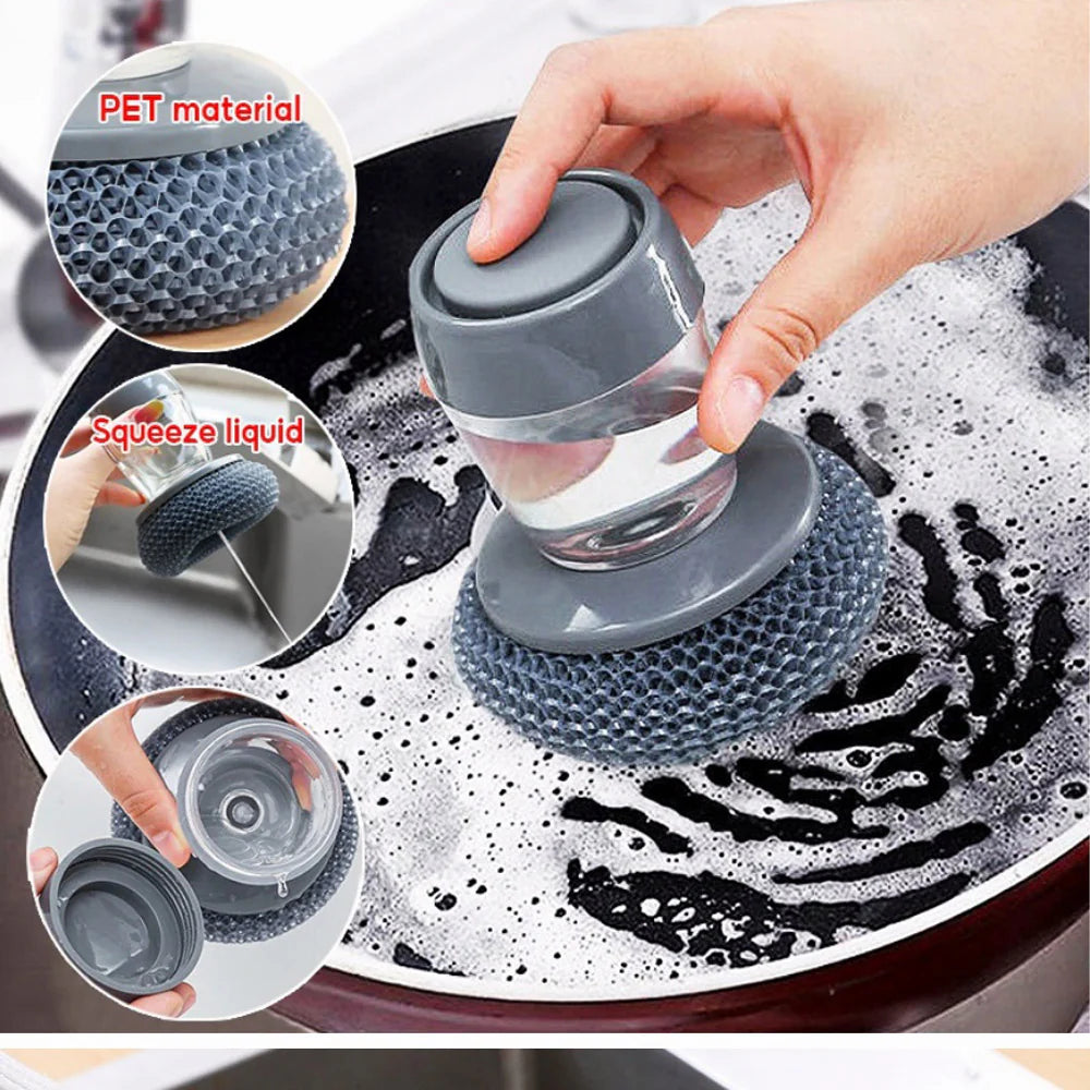 Soap Dispensing Palm Brush Scrub Cleaning Brush With Liquid Storage Tank Kitchen Dishwashing Brush For Pot Pan Sink Cleaning